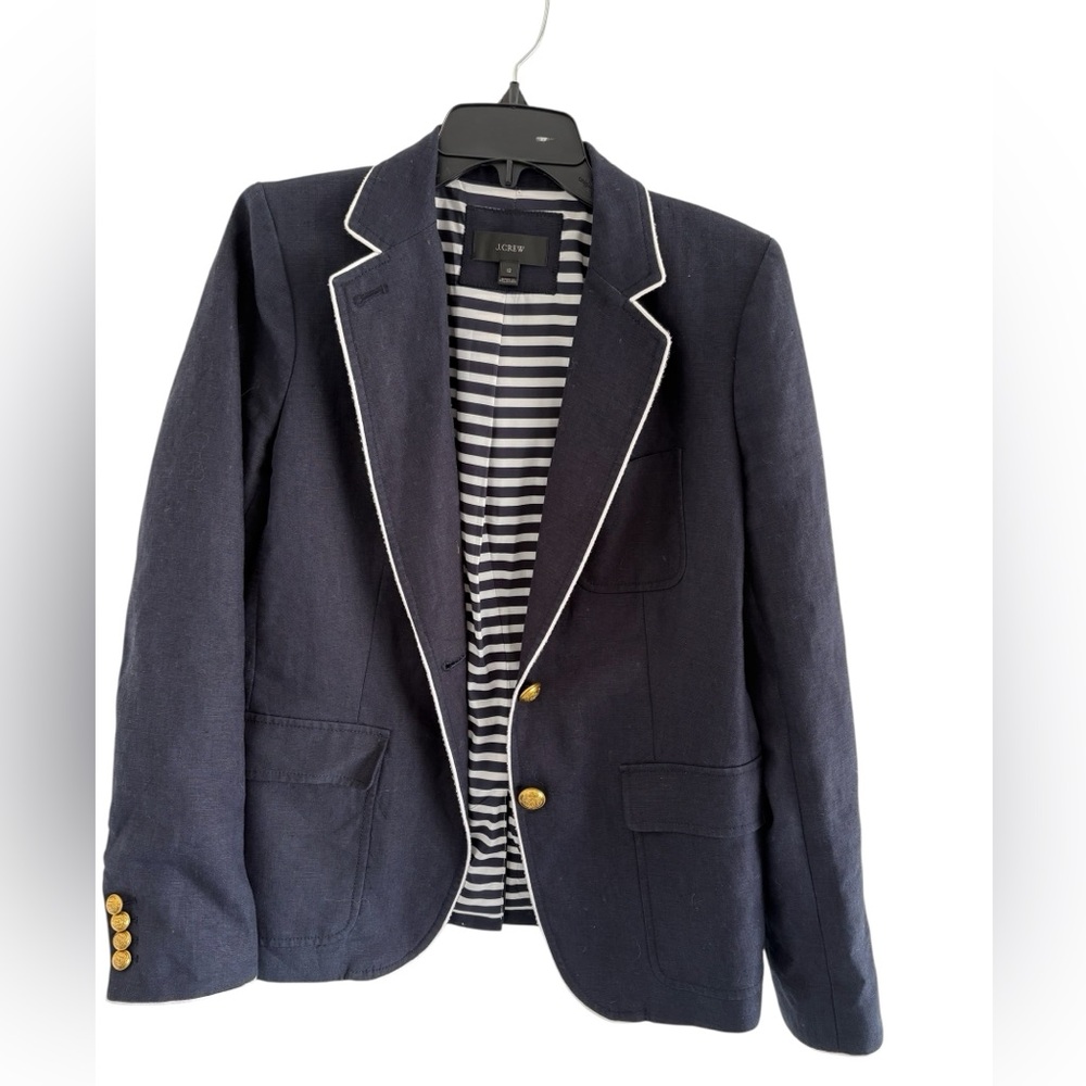 J. Crew Dark Blue linen Blazer with white piping and Gold button Accents - Picture 2 of 9